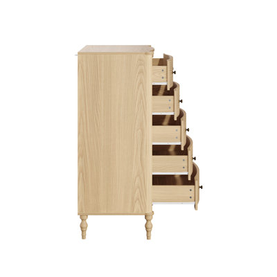 Commode verticale à 5 tiroirs H 47,2 po avec panneaux incurvés et base en bois massif Aaron
