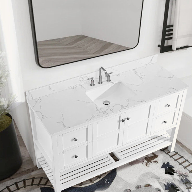 61 po x 22 po. Comptoir de salle de bain en pierre blanc avec éclairage encastré en céramique et 3 trous de robinet avec dosseret