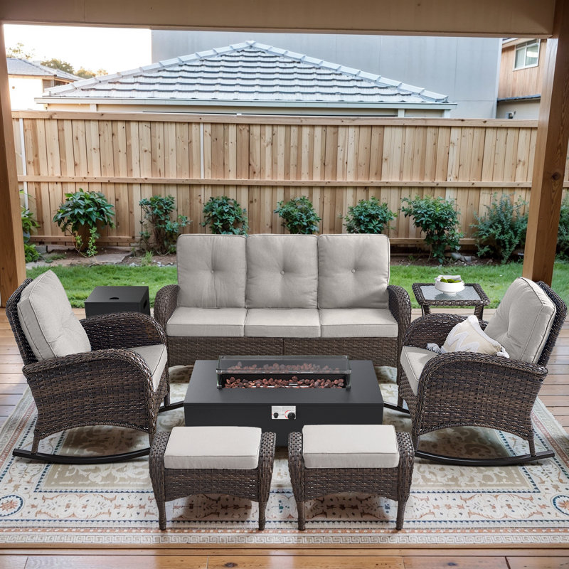 Esquer 7-Piece Outdoor Wicker Nighttime Conversation Set With Rocking Chairs, Ottomans And Fire Pit Table, Beige, Brown