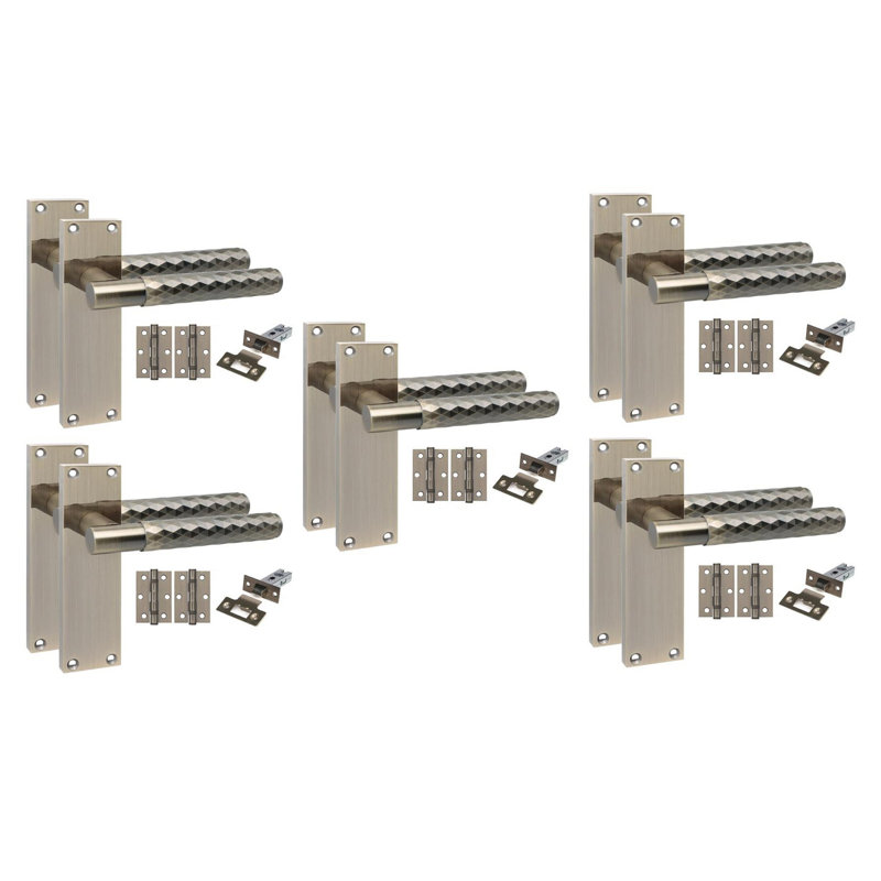 Golden Grace 5 Pairs Victorian Design Knurled Diamond Cut Door Handle Internal Pack Antique Brass Finish - Bathroom and Lock Set with Hinges - 150mm x 40mm