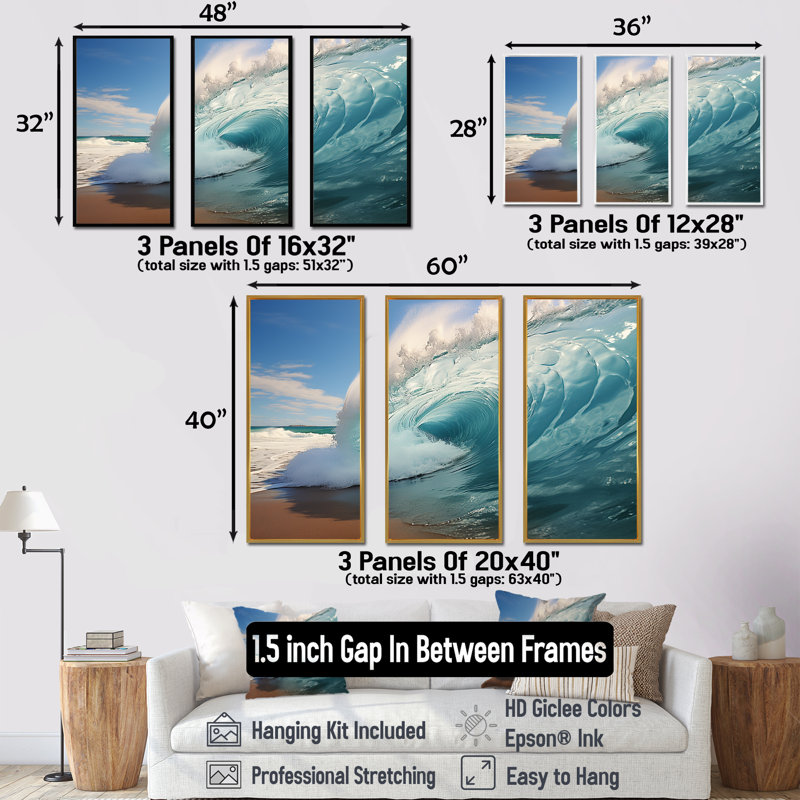 «Turquoise Ocean's Force Unleashed II», ensemble d'art sur toile côtière, Cadre naturel flottant, H 40 po x l 60 po x P 1 po