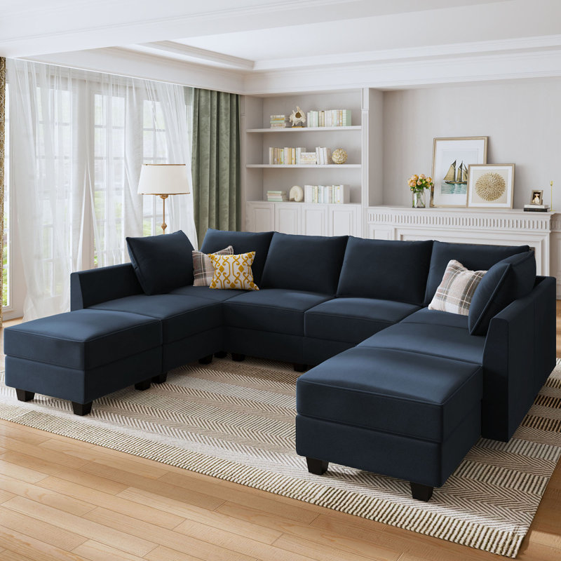 Tremee U Shaped Modular Velvet Sectional Couch, Blue Velvet