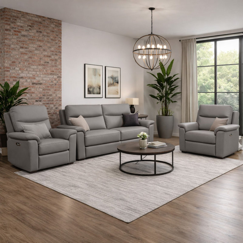 Alessandrina Real Leather Power Recliner 3 + 1 + 1 Sofa Set with USB Charging, Slate