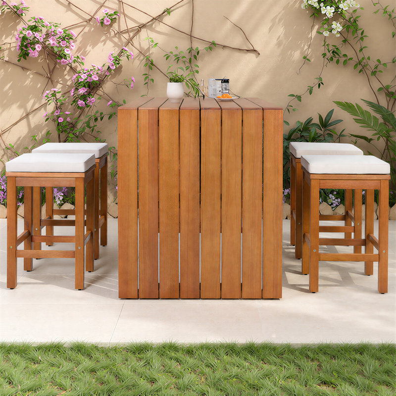5 - Piece Acacia Wood Outdoor Patio Bar Set,  Bar Height Table & 4 Stools with Cushions