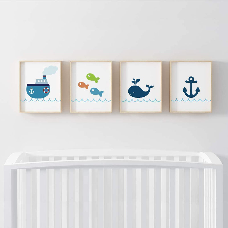 Reproduction d’art sur papier, "bateau, ancrage, poisson, baleine" , ensemble de 4 pièces ocean Desern