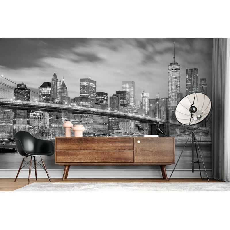Papier peint amovible Manhattan, gratte-ciel de Manhattan, pont de Brooklyn, noir et blanc, L 75 po x l 112 po