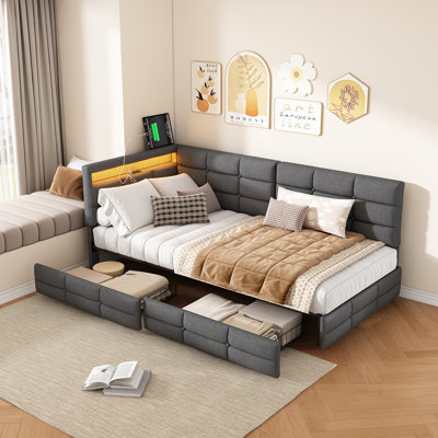 Single Daybed with Storage Drawers, Linen Upholstered Frame with LED Lights, USB Charging Port & Safety Rail
