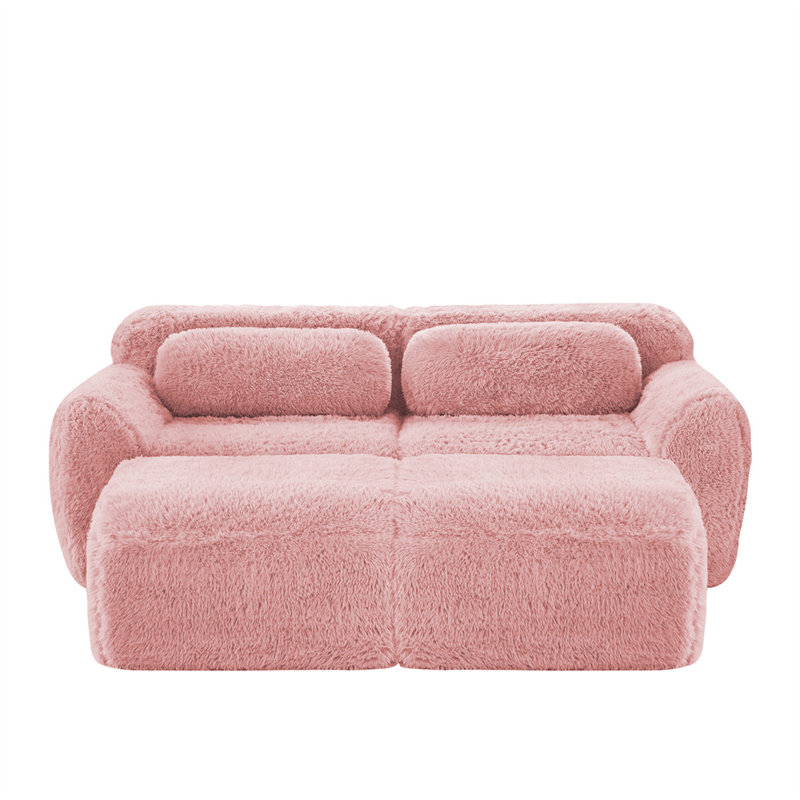 80.3" U-Shaped 2-Seater Sofa with Ottoman, Pink Fabric