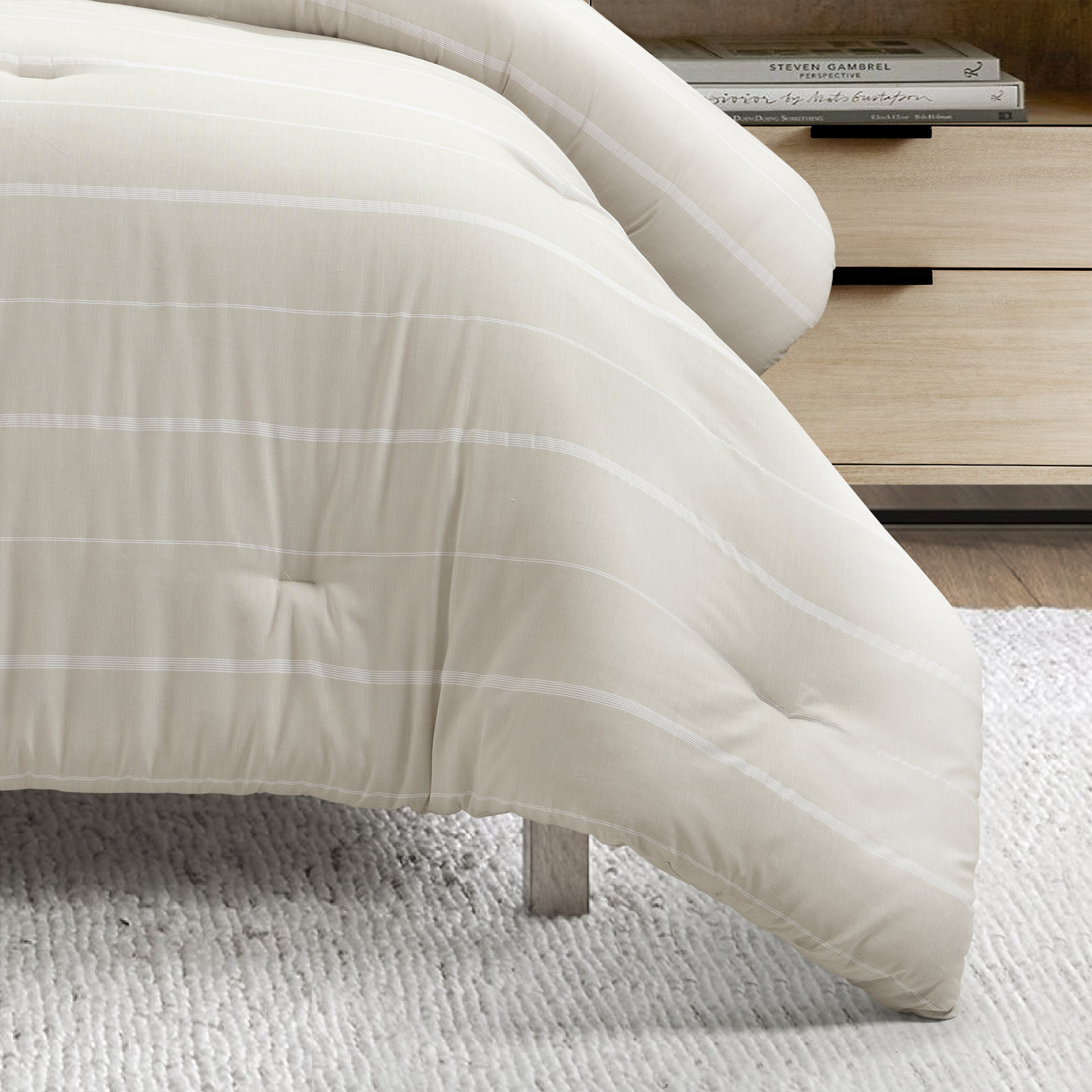 Striped Comforter Set, California King Comforter + 2 King Shams, Beige