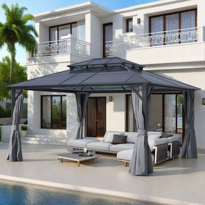 Aluminum Patio Hardtop Double-Roofed Gazebo with Netting and Curtains Multiple Sizes
