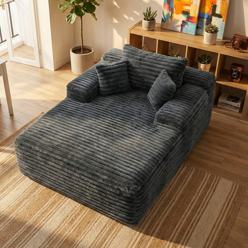 Méridienne surdimensionnée en velours côtelé 68 po d'intérieur avec coussin, siège profond rembourré, sans assemblage requis, gris foncé