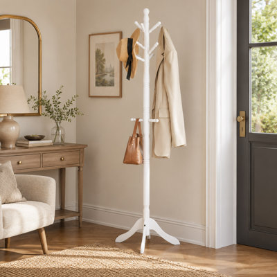 Solid Wood Coat Rack, 10 Hooks, White