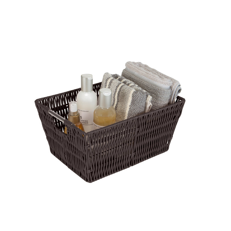 Chocolate Rattan Rectangular Storage Tote with Stainless Steel Handles