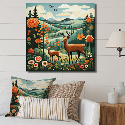 Orange et vert, famille de cerfs, sérénité - art mural paysage de cerf