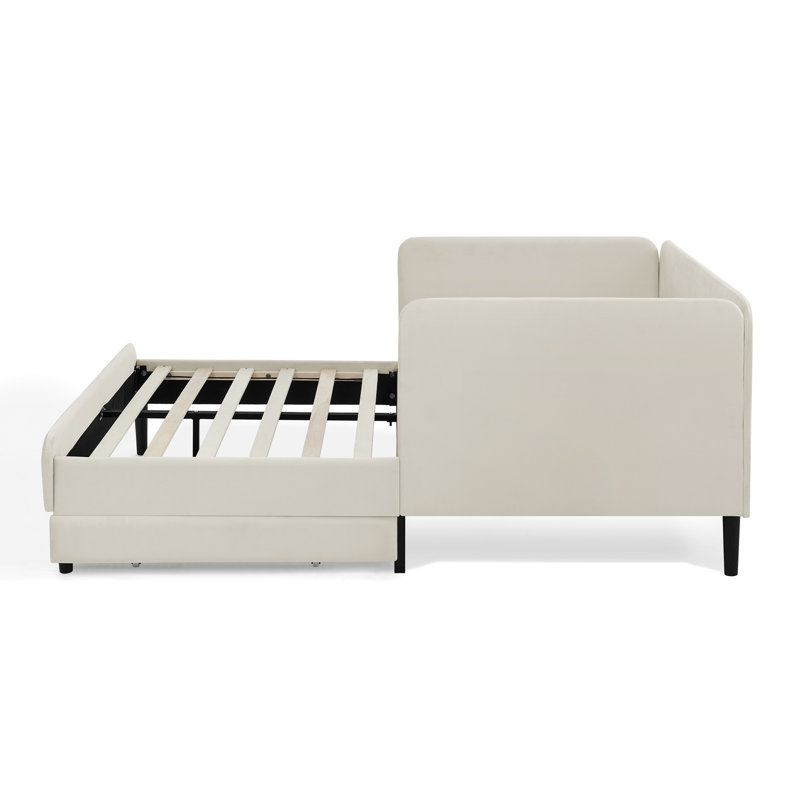 Lit double en velours beige, lit plateforme tapissier avec 2 tiroirs de rangement pour une chambre à coucher flexible, Beige