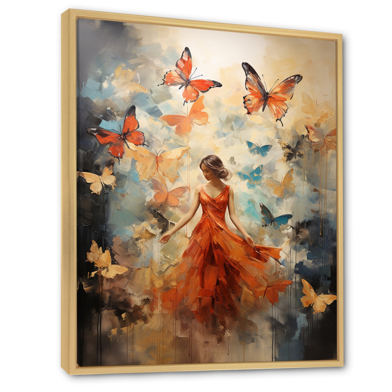«Butterfly and Woman Dance» - Art mural sur toile, H 44 po x l 34 po x P 1,5 po, Cadre flottant érable