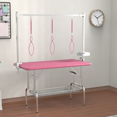 47inch Pink Pet Grooming Table, Stainless Steel Foldable Dog Grooming Table For Home Use, Height Adjustable Grooming Arm With Loops, Mesh Tray & Tool Organizer