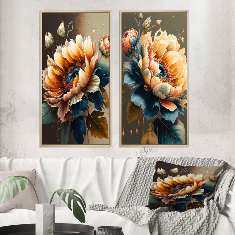 «Vibrant Sunflower», 2 pièces sur toile, H 32 po x l 32 po, Encadrement brun