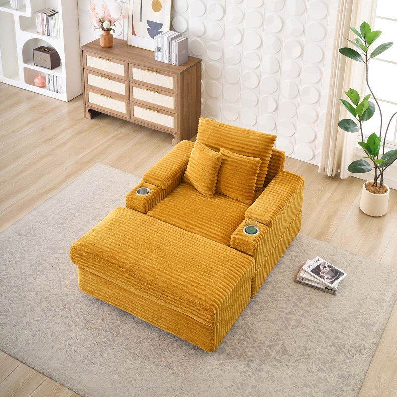 Canapé simple en velours côtelé avec un coussin, deux coussins décoratifs, un repose-pieds et deux espaces de rangement