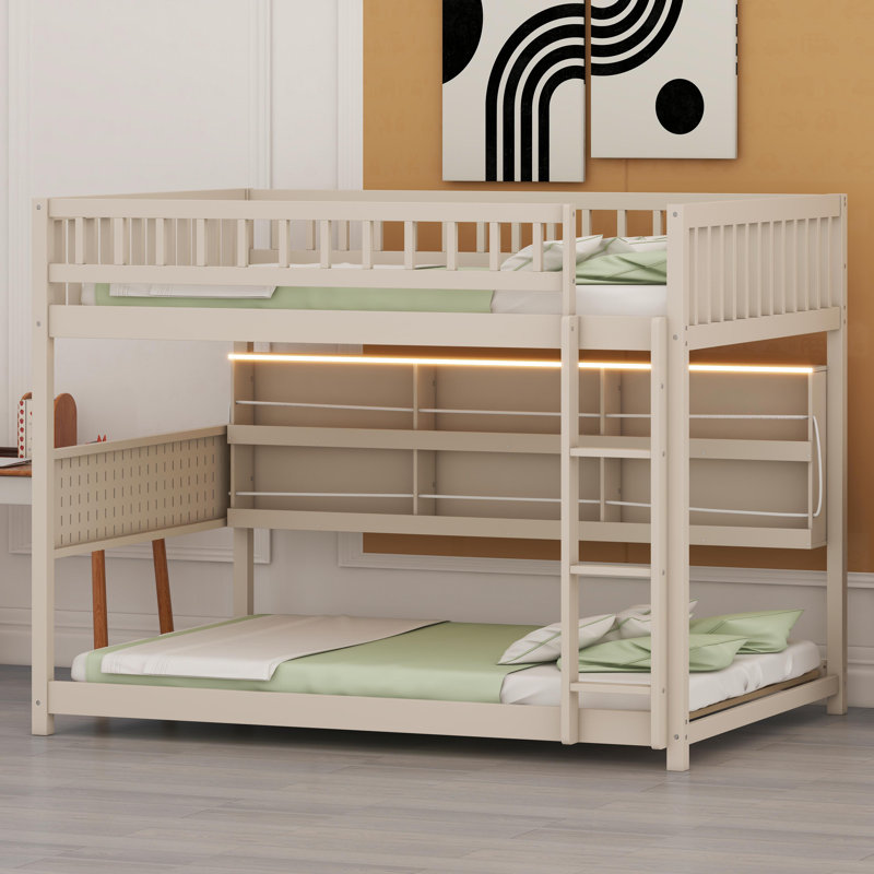 Space-Saving Bunk Bed Featuring Integrated Storage, Mood Lighting And Pegboard Panel, Beige, Full Over Full