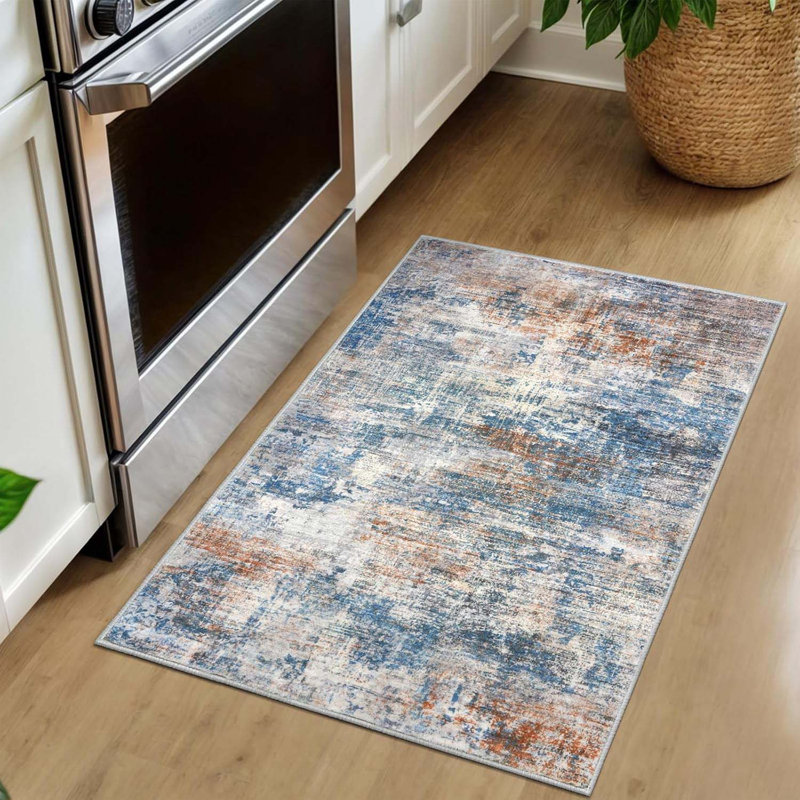 Small Abstract Area Rug 2X3 Ft Entryway Rugs Washable Door Mat Indoor Entrance, Rubber Backed Throw Rugs, Blue/Brown