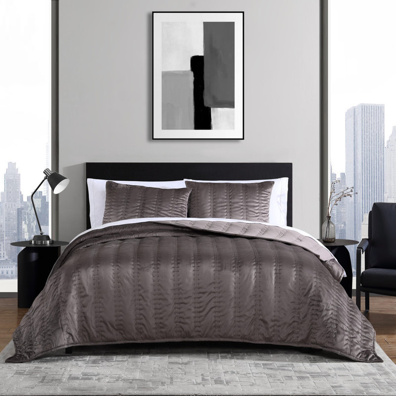 Vera Wang Linear Stitch Solid Quilt Set, Queen Quilt + 2 Standard Shams, Plum Brown