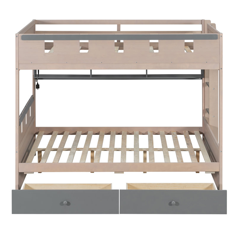Lit superposé double pleine grandeur de style château avec 2 tiroirs, tablette et DEL, gris + rose antique, Rose / gris