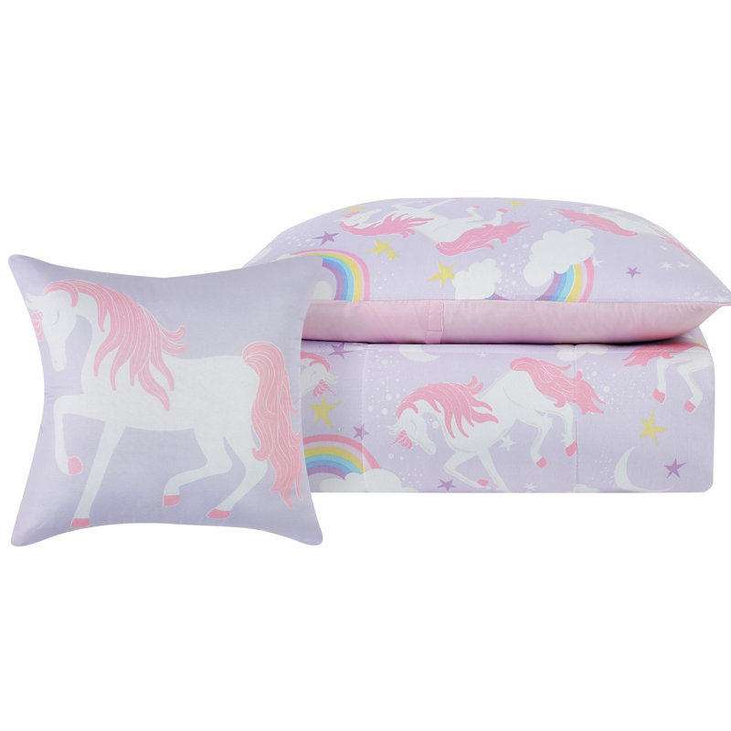 Ensemble d'édredon avec coussin décoratif Rainbow Unicorn, Édredon simple et 1 taie décorative et 1 coussin