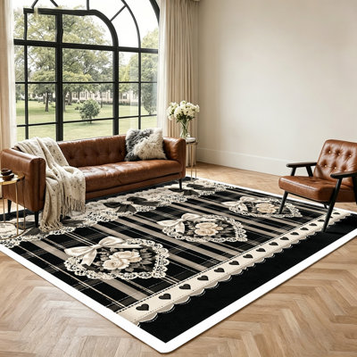 Tapis élégant à carreaux, motif rose et nœud en dentelle, style vintage, idéal pour le salon, la chambre à coucher ou le bureau.