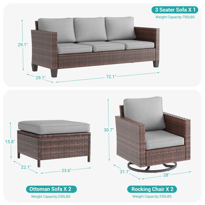 Ensemble de conversation d'extérieur pour 5 personnes avec coussins Harloe, Brun, Gris clair