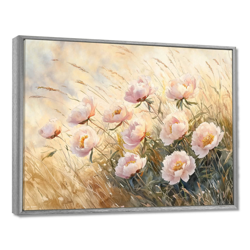 Ikai pivoines dans le champ balayé par le vent I - pivoines, art mural, Argent argent, H 30 po x l 40 po