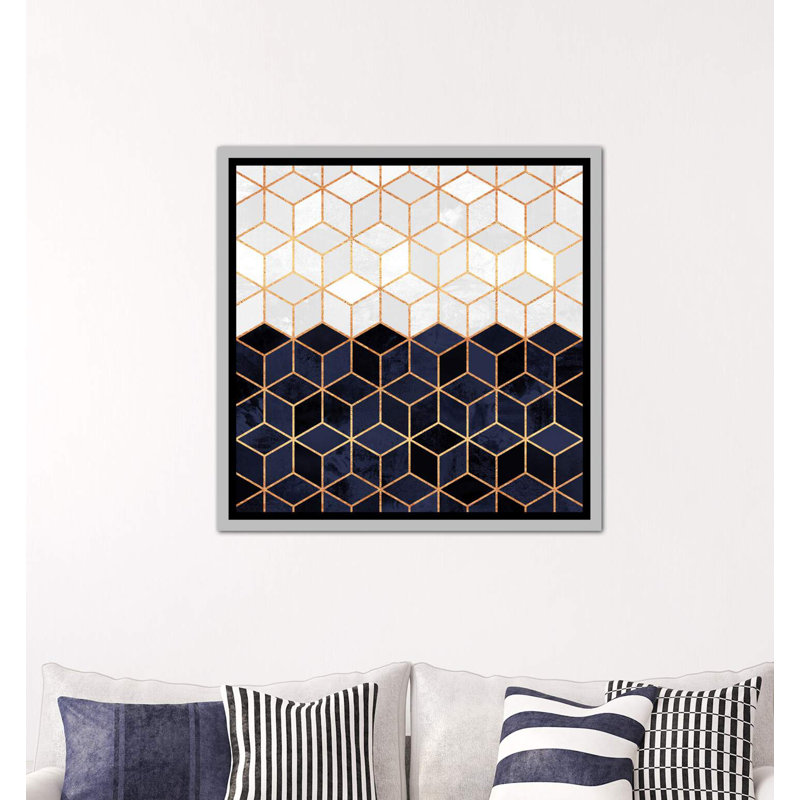 «White and Navy Cubes» par Elisabeth Fredriksson - impression d'art graphique, Toile avec cadre argenté