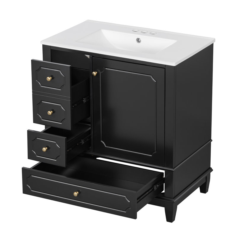 30" Freestanding Bathroom Vanity With Single Sink, 3 Drawers And Door Shelf, Noir