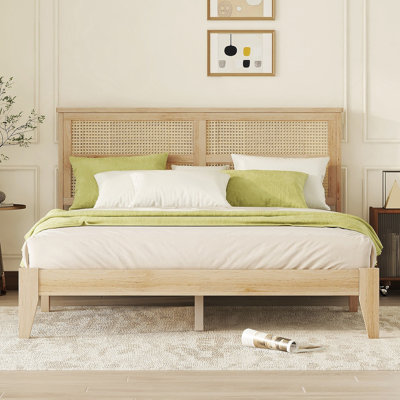 Queen Size Rubber Wooden, Solid Wooden Bed With Rattan Headboard, Enhanced By Support Feet