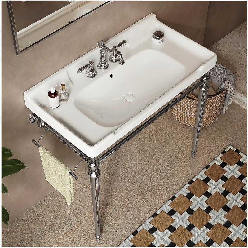 36" Bathroom Console Sink, Wall-Mounted White Ceramic Vanity Basin with 3 Pre-drilled Faucet Holes, Freestanding Stainless Steel Support Legs with Towel Bar, No Faucet, Chrome Color