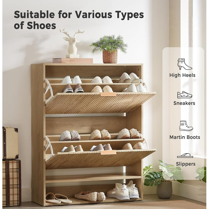 Latitude Run® Walnut Slim Shoe Cabinet, Fluted Hidden Shoe