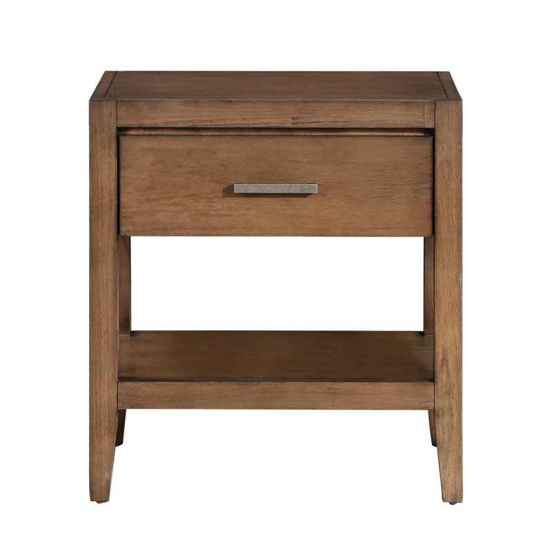 Table de chevet en bois brun avec glissières à roulement et tablette inférieure ouverte