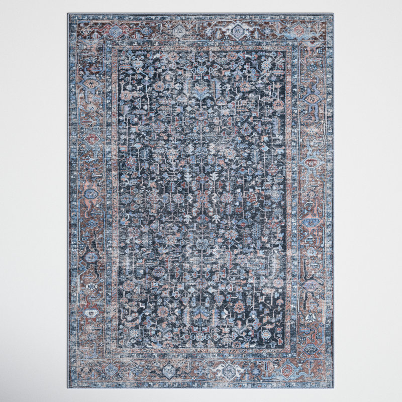 Kugler Oriental Machine Washable Blue/Denim Area Rug, Rectangle 6'6" x 9'2"