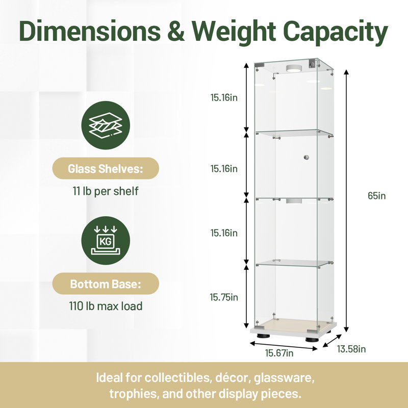Vitrine lumineuse 65 "en verre trempé H 65" avec 3 tablettes, serrure et 12 lumières DEL de couleur, Blanc
