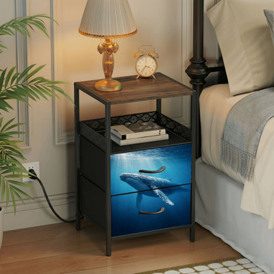 Table de chevet 2 tiroirs avec station de charge, table de chevet de chambre à coucher avec ports USB et prises USB, tablette de chevet avec baleine à bosse nageant sous l'eau