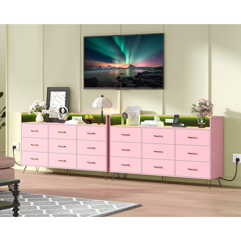 9-Drawer Tall Dresser with RGB Lights & Charging Station, APP Controlled Storage Cabinet 62.8", Pink