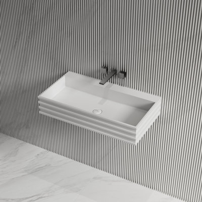 Lavabo de salle de bain mural rectangulaire cannelé 47 po x 18 po Monblari - blanc mat