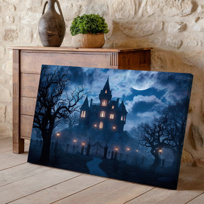 Canvas A Dark Eerie Scene Featuring A Towering Gothic Mansion Perched Wall Art On A Rocky Hill Shrouded In Mist The Mansion With For Canvas Wall Art