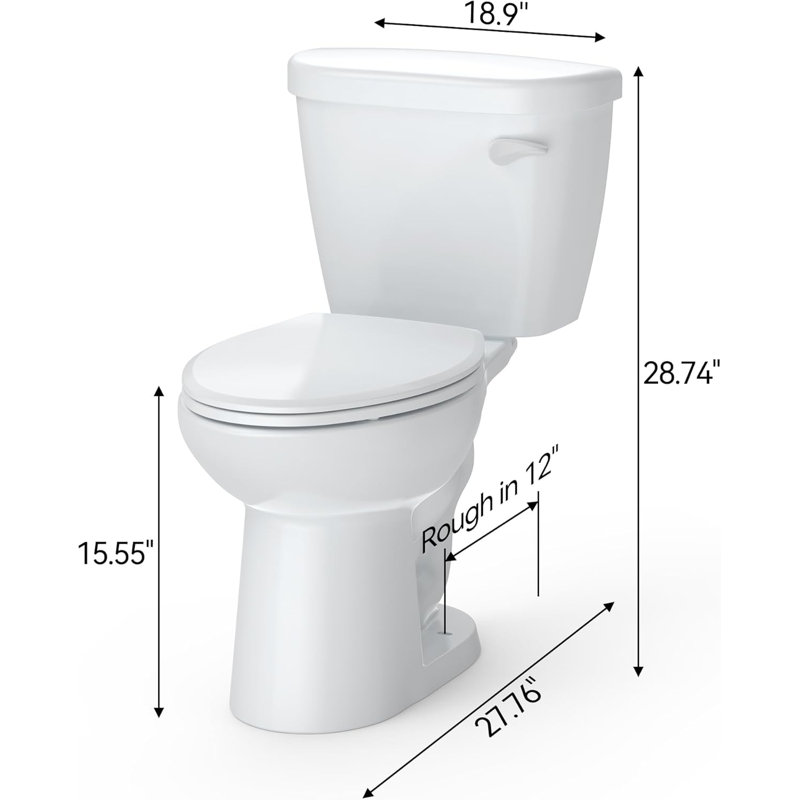 Toilette allongée en céramique deux pièces, chasse simple 1,28 GPF, hauteur universelle, siège à fermeture en douceur, brute de 12 pouces, blanc
