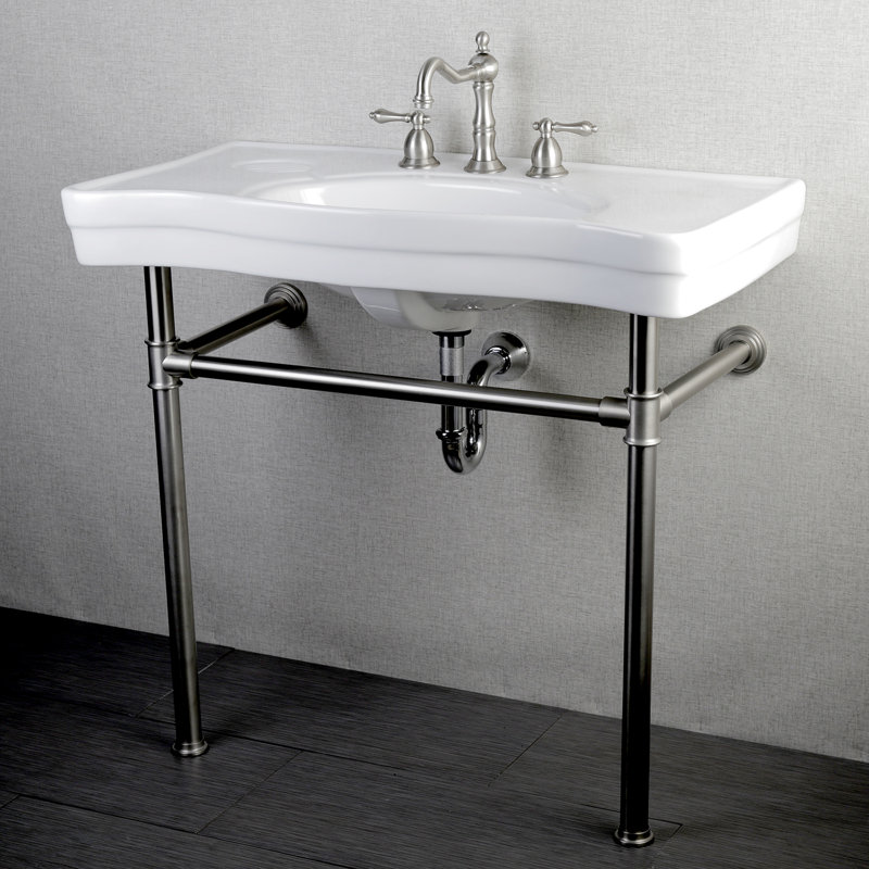 Kingston Brass Imperial 36-Inch Ceramic Console Sink with Stainless Steel Legs (8-Inch, 3-Hole), White/Brushed Nickel