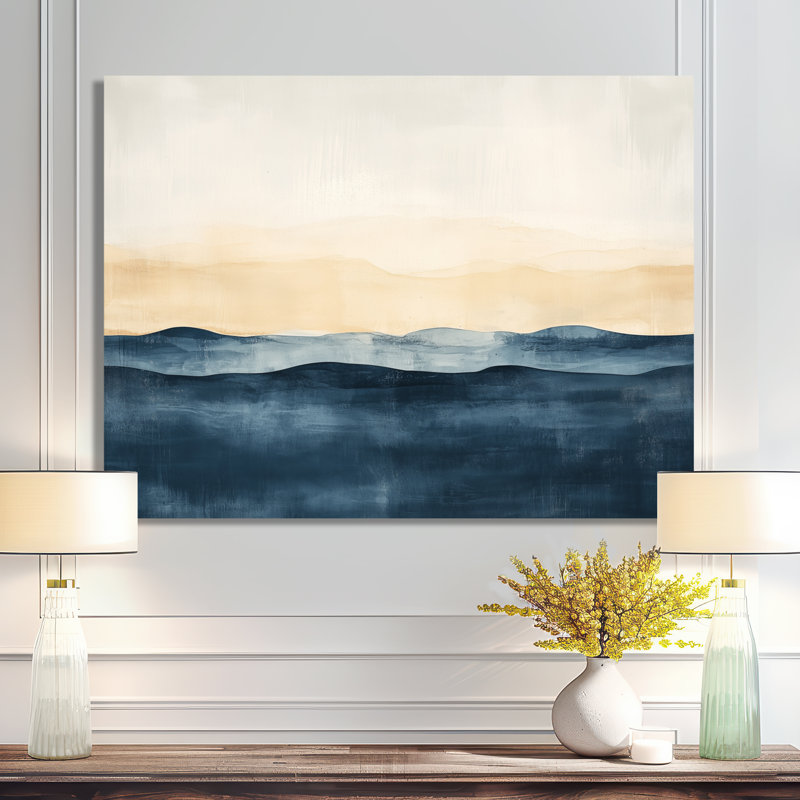 Shoreline in Soft Abstraction I - Art mural moderne en métal, paysages abstraits, impression sur métal, L 32 po x H 16 po