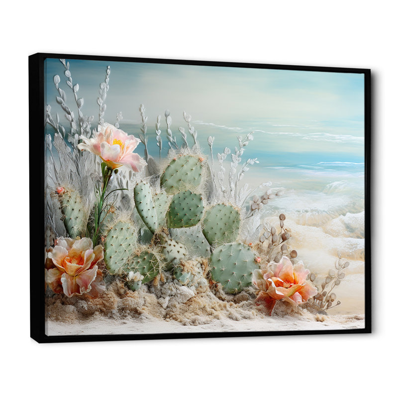 Collage de cactus sur la plage I sur toile, H 12 po x l 20 po x P 1 po, Cadre flottant noir