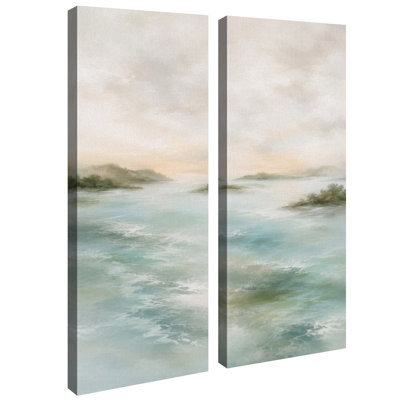 Paysage océanique serein bleu pâle – Ensemble de 2 impressions d'art encadrées sur toile 32" x 12" x 2