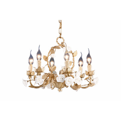 Lustre transitionnel à 6 lumières doré avec des touches de blanc et de rose