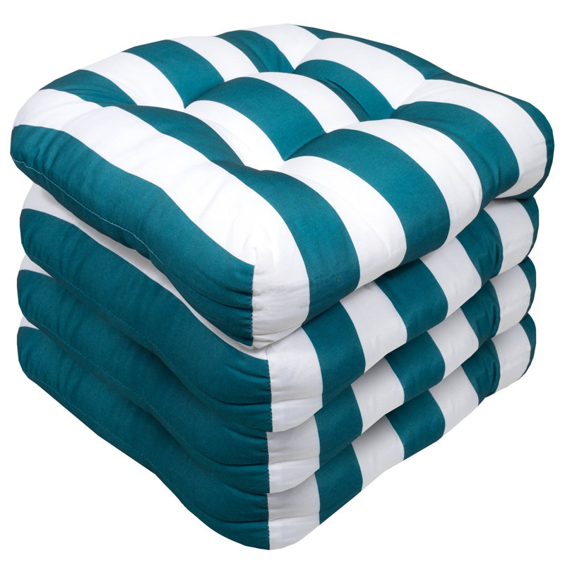 Stripe Patio Cushions Indoor/Outdoor Chair Pad Cushions, Thick Fiber Fill Tufted 19" x 19", Peacock/White Polyester, 4